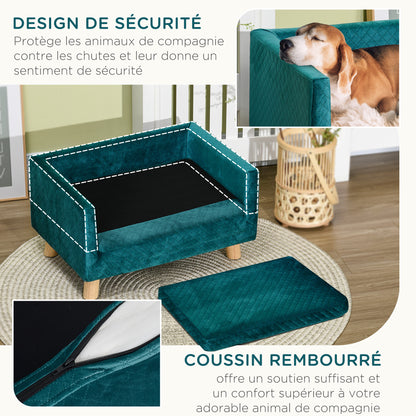 Hondenbed – Dogbed – Huisdierbed – Ligbed – Rustplek – Blauw Velvet – Scandinavisch Design – Zachte Katoenen Kussenlaag – Stevige Houten Poten – 64x45x36 cm