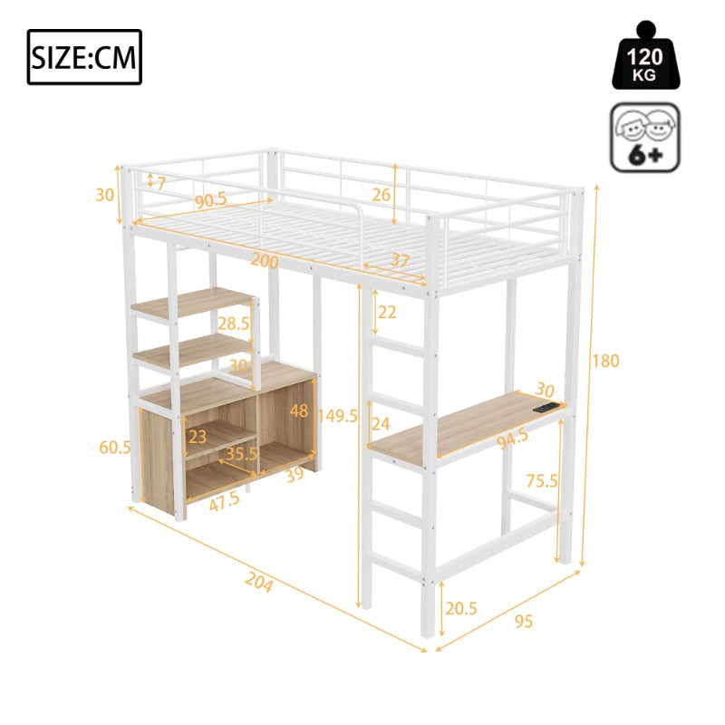 Hoogslaper – Kinderhoogslaper – Stapelbed – Eenpersoonsbed – Bedhuisje – Met Bureau – Stevig Metalen Frame – 90x200 cm – Wit