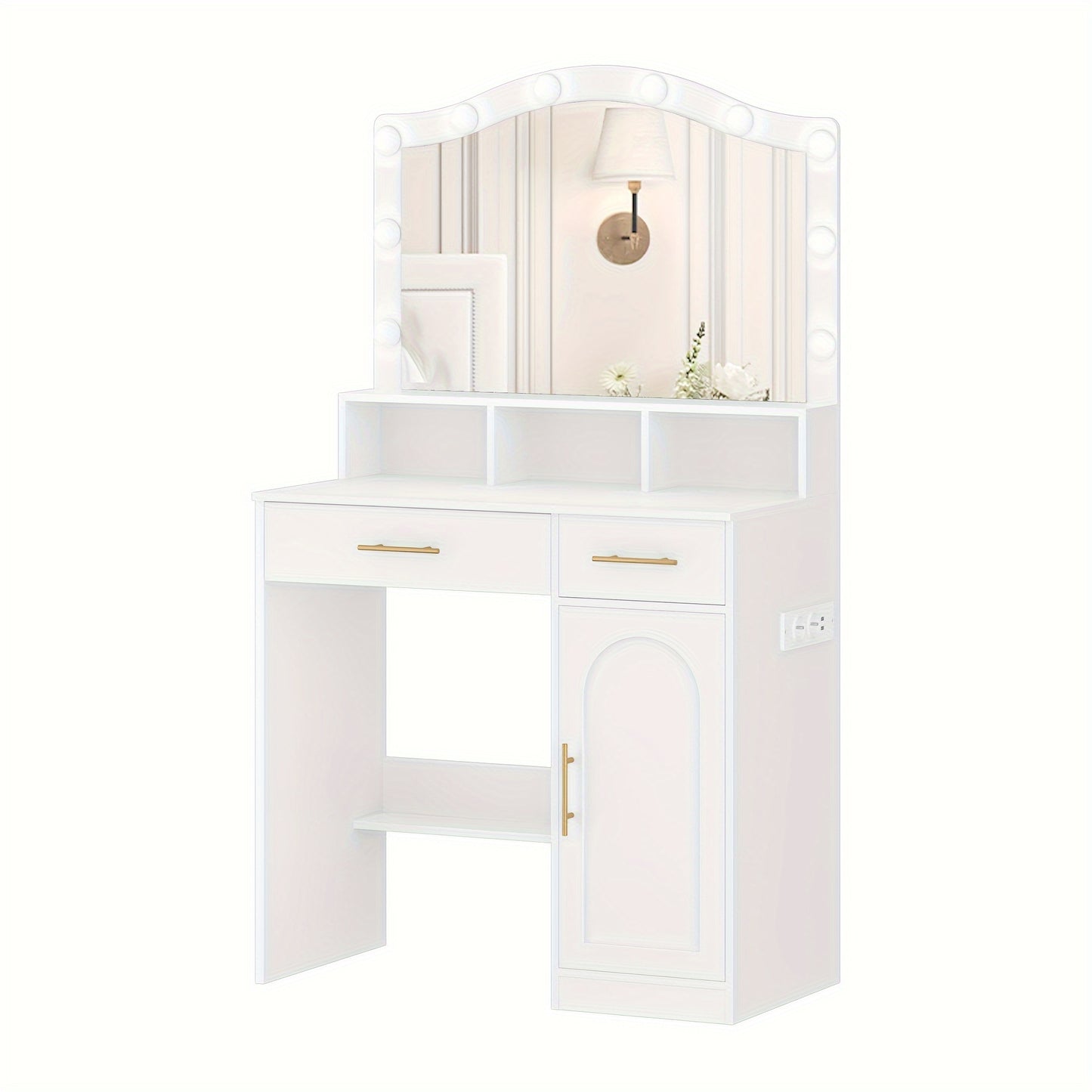 Makeuptafel – Kaptafel – Cosmeticatafel – Vanitafel – Schminktafel – Wit – LED-Verlichting – Oplaadstation – 2 Laden – 1 Kastje – Gouden Handgrepen – Spaanplaat