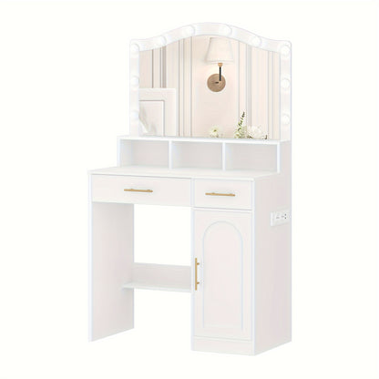 Makeuptafel – Kaptafel – Cosmeticatafel – Vanitafel – Schminktafel – Wit – LED-Verlichting – Oplaadstation – 2 Laden – 1 Kastje – Gouden Handgrepen – Spaanplaat