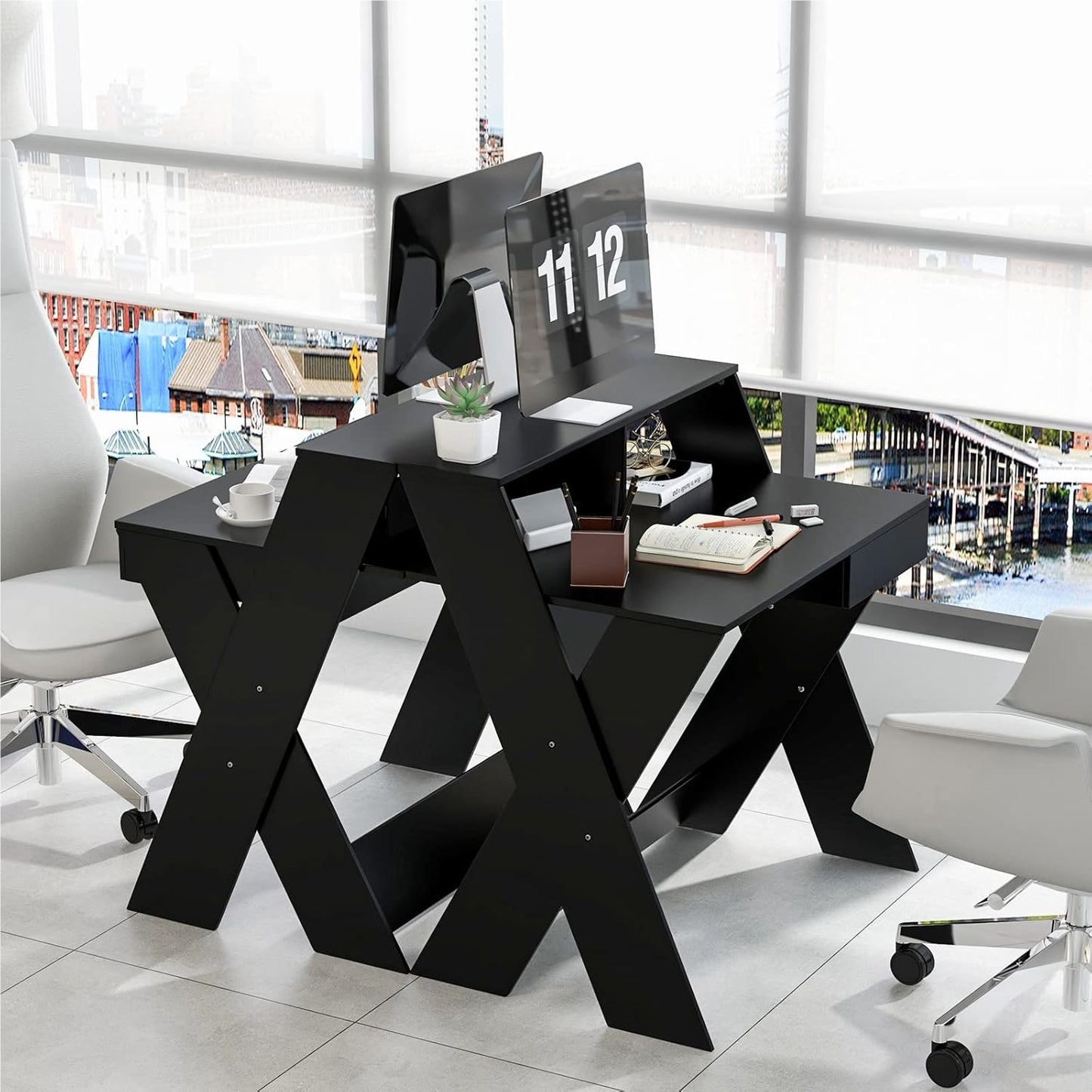 Computertafel – Computerbureau – Bureautafel – Schrijftafel – Werkplek – Met Lade – Monitorverhoger – Stevig X-Frame – Zwart – 90x61x94 cm