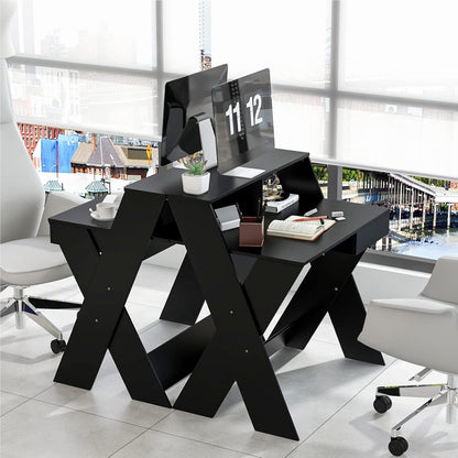 Computertafel – Computerbureau – Bureautafel – Schrijftafel – Werkplek – Met Lade – Monitorverhoger – Stevig X-Frame – Zwart – 90x61x94 cm