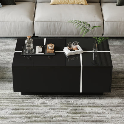 Modern Black Square Coffee Table with 4 Drawers & Sliding Top - High-Gloss Metal Frame, 30kg Load Capacity, 100x60x40cm Contemporary Living Room Furniture, Easy Assembly, No Power Needed, Coffee Table for Living Room, Minimal
