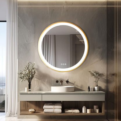 LED Spiegel Badkamer – Make-up Spiegel – Wandspiegel – Verlichte Spiegel – Ronde Spiegel 60x60 cm – Goud Geborsteld Aluminium Frame – Anti Condens Met 3-Kleurige Dimbare LED Verlichting