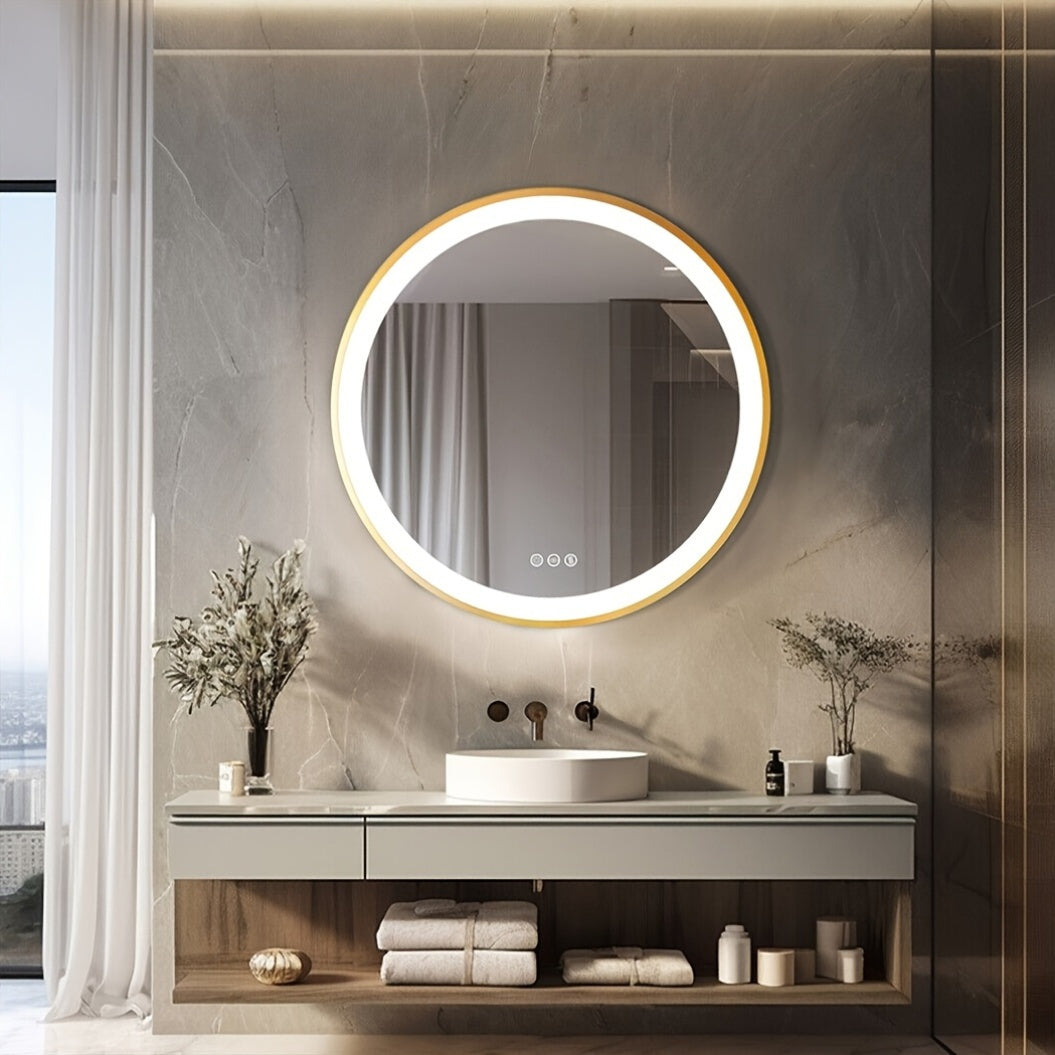 Badkamerspiegel LED – Wandspiegel – Rond – Verlichte Spiegel – Make-up Spiegel – Goud Aluminium Frame – 80x80 cm – Anti-condens Verwarming – Dimbare Driekleurverlichting