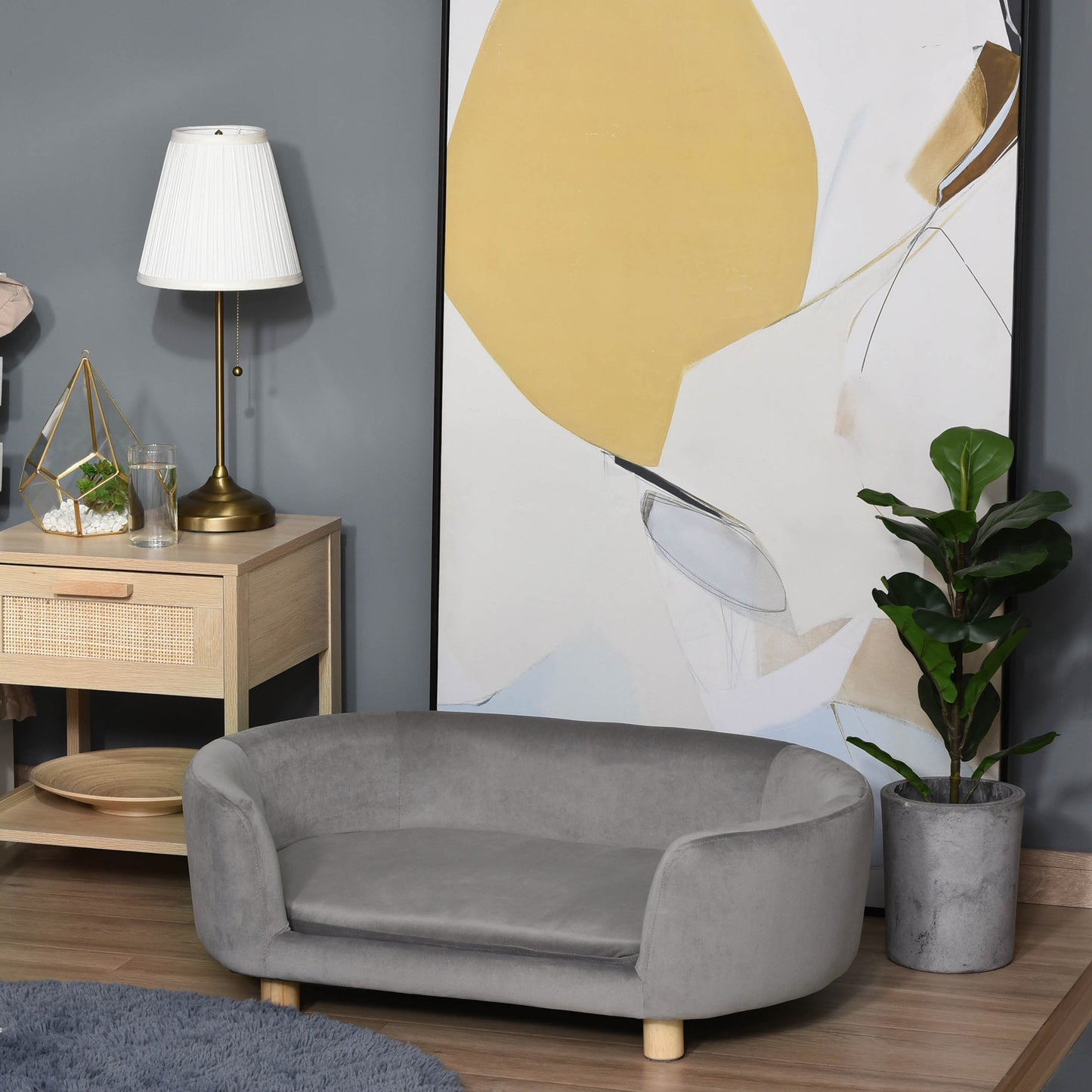 Hondenmand – Dierenbank – Hondenbed – Hondenkussen – Kattenmand – Dutch Velvet Bekleding – Verhoogd Met Berkenhouten Poten – Lichtgrijs – 86x55x33 cm – Comfortabele Foamvulling