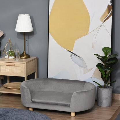 Hondenmand – Dierenbank – Hondenbed – Hondenkussen – Kattenmand – Dutch Velvet Bekleding – Verhoogd Met Berkenhouten Poten – Lichtgrijs – 86x55x33 cm – Comfortabele Foamvulling