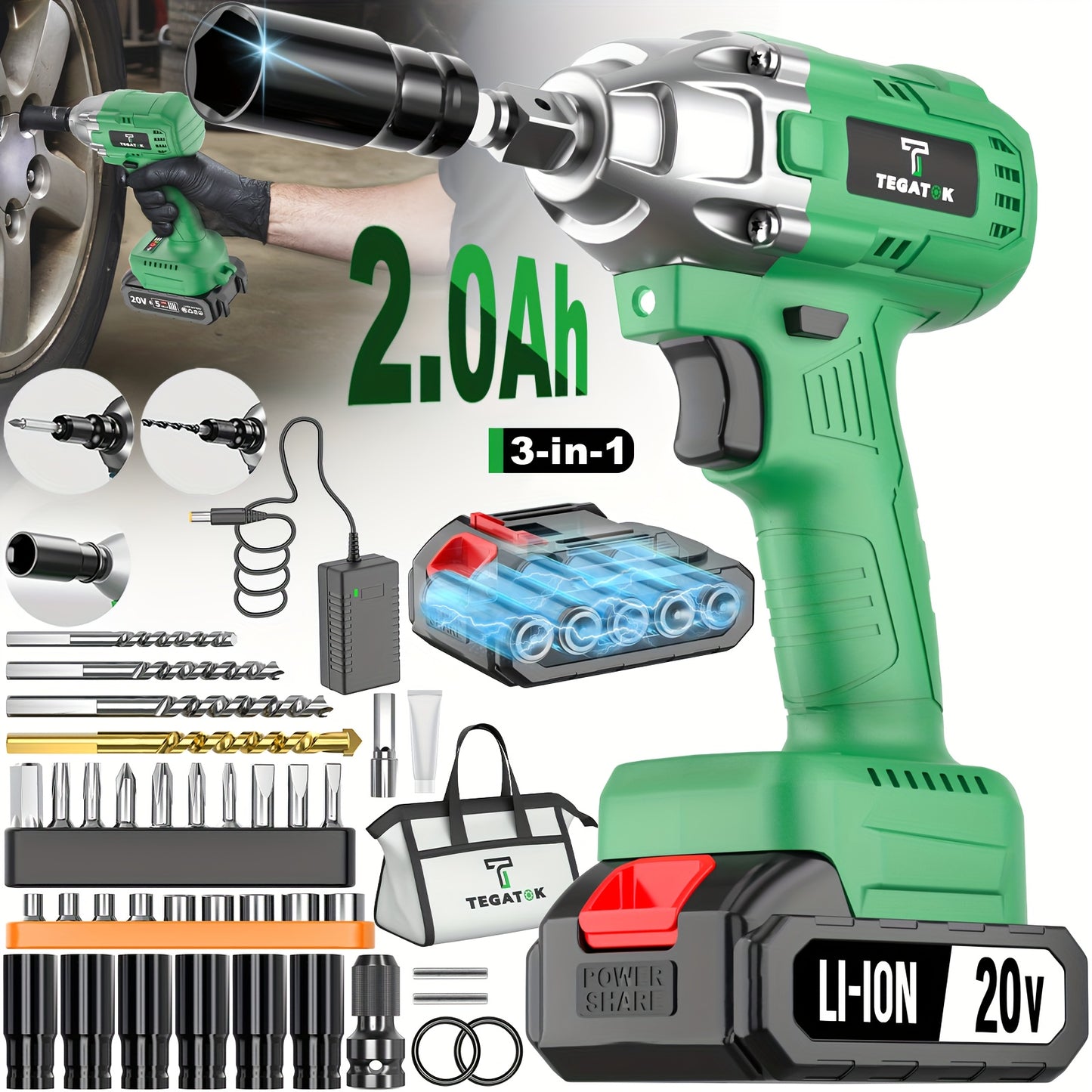 Accuboormachine – Slagschroevendraaier – Impact Schroevendraaier – Elektrische Momentsleutel – Draadloze Momentsleutel – 20V Brushless Motor – Snellader + Steeksleutelset & Tas