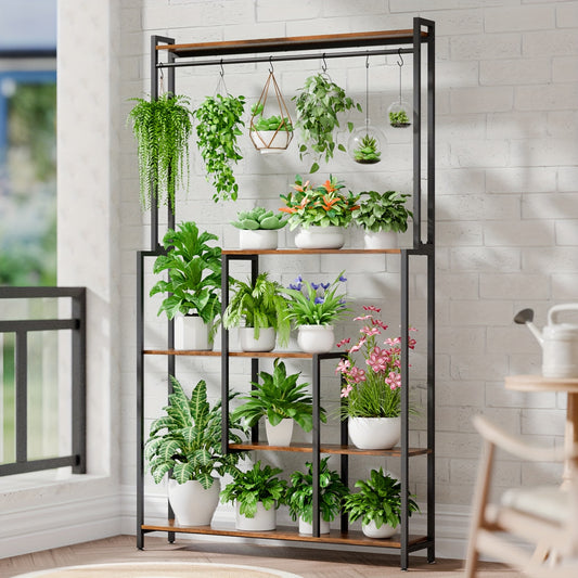 Plantenrek – Plantenstandaard – Bloemenrek – Plantentrap – Plantentafel – 183 cm Hoog – Met Ingebouwde LED Groeilampen – Metaal Met Houten Blad – Zwart & Bruin