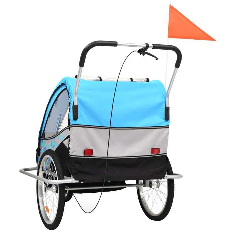 2-in-1 Fietskar en Wandelwagen – Fietsaanhanger – Buggy – Kinderkar – Wandelwagen – Blauw en Grijs – Veiligheidsharnas – Eenvoudig Om te Bouwen