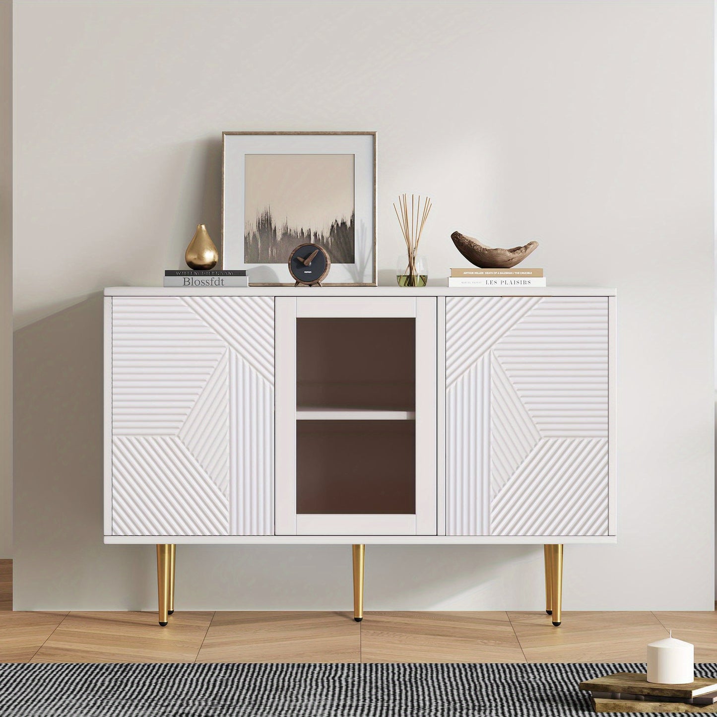 Dressoirkast – Opbergkast – Kast – Buffetkast – Wandkast – Wit – 120 cm – 3 Glazen Deuren Met Metalen Poten