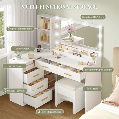 Corner Dressing Table with Stool, Large Mirror, 5 Drawers and Multiple Open Storage Shelves, 40 × 120 × 139cm, White