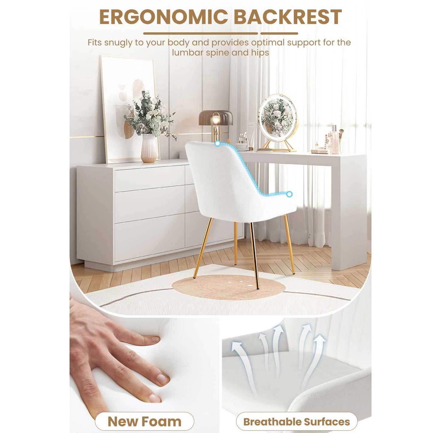 Eetkamerstoelen – Stoelen – Eetkamerstoelen Set – Design Stoelen – Fluwelen Stoelen – Set van 2 Wit – Gouden Metalen Poten – Ergonomische Rugleuning & Memory Foam Zitting
