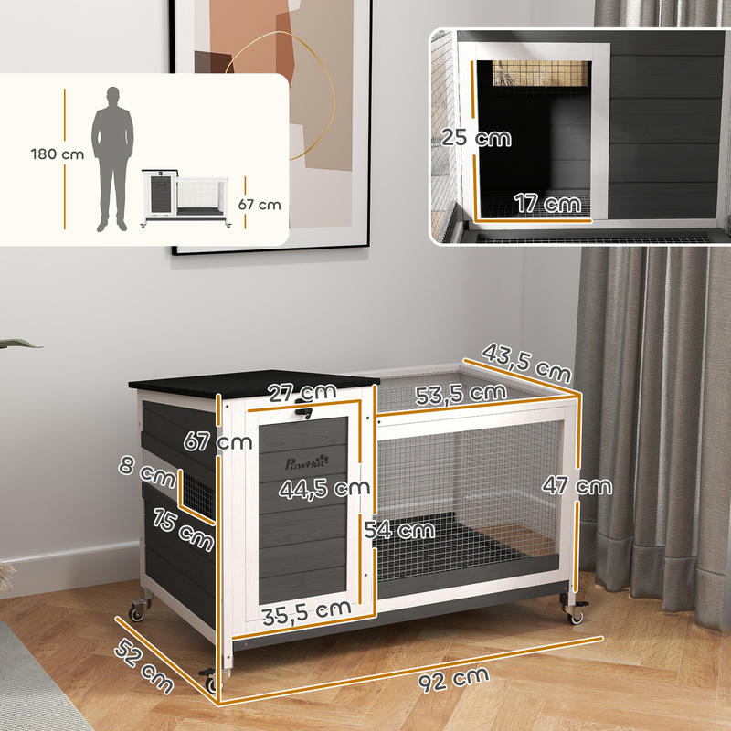 Houten Konijnenhok – Konijnenkooi – Knaagdierhok – Buitenhok – Renhok – Met Wieltjes – Opvouwbaar Dak – 92 x 52 x 67 cm – Geschikt Voor Binnen En Buiten