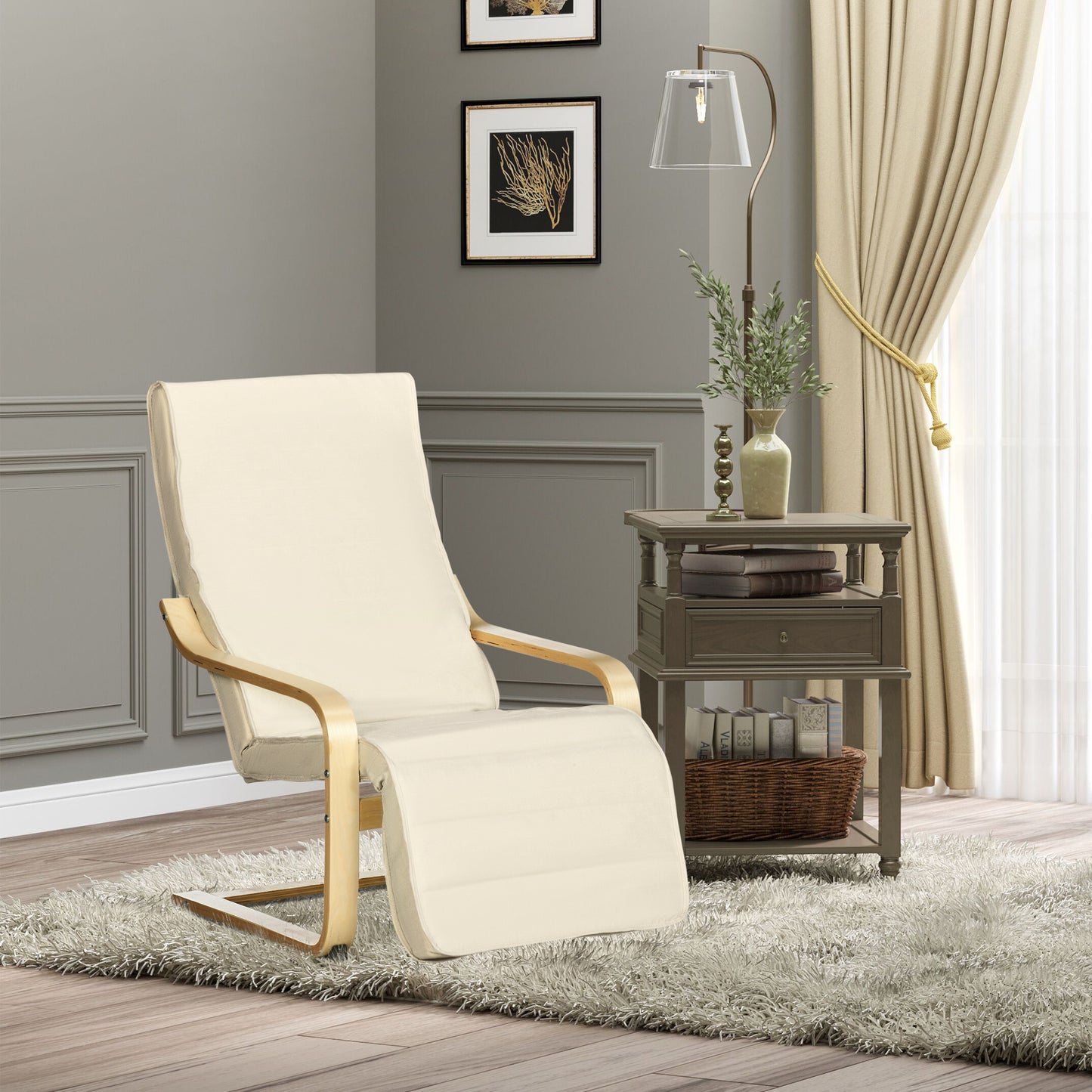 Relaxstoel – Fauteuil – Loungestoel – Zitstoel – Armstoel – Verstelbare Voetensteun – Ergonomisch Ontwerp – Solide Hout – Crèmekleur – Hoogwaardig Schuim