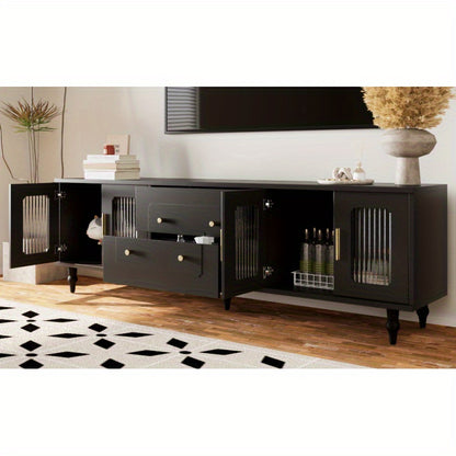 Tv-meubel – TV Kast – Lowboard – Dressoir – Mediameubel – Retro Design – Hoogglans Zwart – Massief Houten Poten – Veel Opbergruimte – Spaanplaat