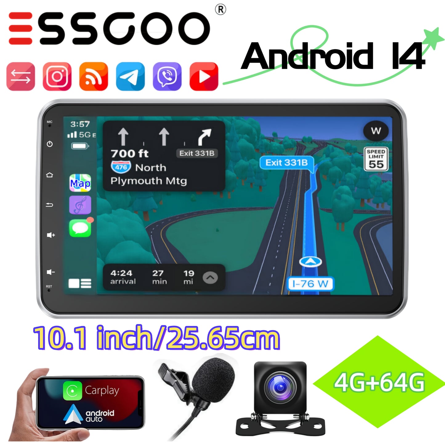 Autoradio – Draaibare Multimedia Speler – Single DIN Radio – 10,1 Inch Touchscreen – Met Achteruitrijcamera – Android 14.0 – Draadloze Carplay – 4GB RAM 64GB Opslag