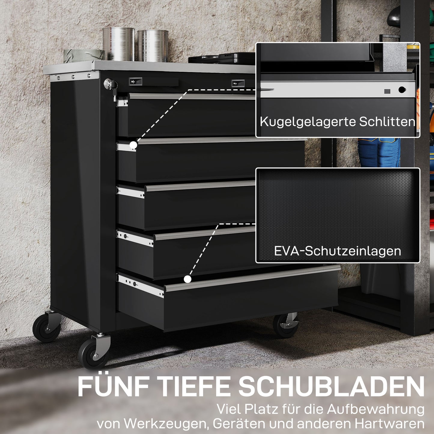 Gereedschapswagen – Werkplaatswagen – Tool Cabinet – Rolling Toolbox – Gereedschapskar – 5 Ruime Laden – Robuust Stalen Frame – Zwenkwielen Met Remfunctie