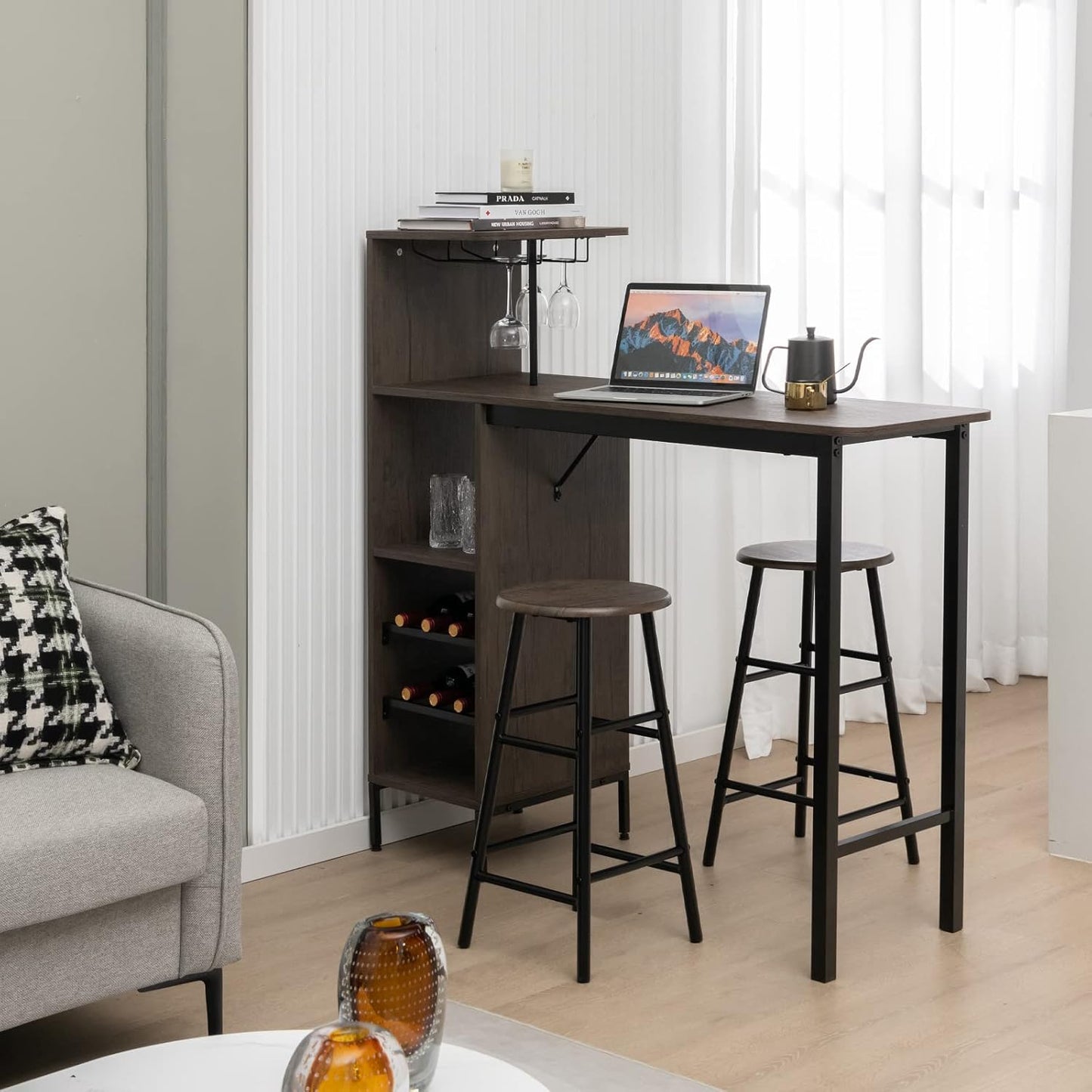 Bartafelset – Barkrukken – Barset – Bartafel met krukken – 3-delig – Rustiek Bruin – Ingebouwd Wijnrek – Compact & Multifunctioneel