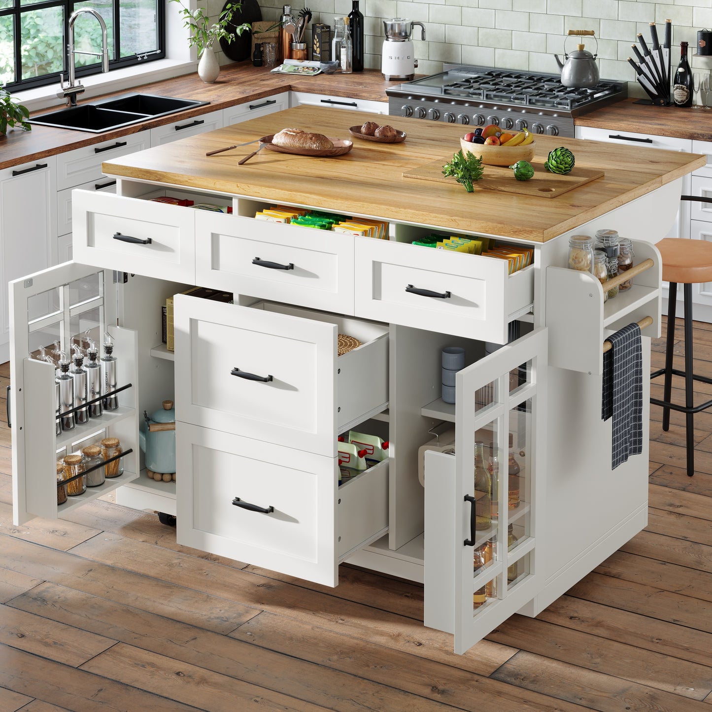 Keukeneiland – Keukentrolley – Keukenkast – Buffetkast – Serveerwagen – 5 Laden – Verstelbare Legplanken – Glazen Deuren – Houten Werkblad – Wieltjes – Wit – 140x40(63,5)x95 cm