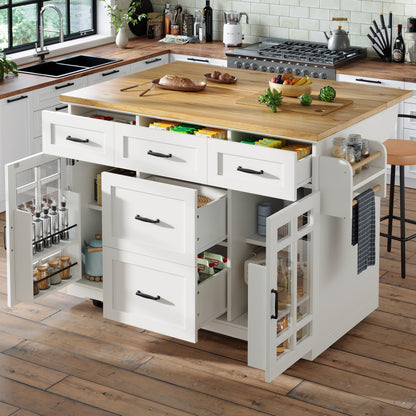 Keukeneiland – Keukentrolley – Keukenkast – Buffetkast – Serveerwagen – 5 Laden – Verstelbare Legplanken – Glazen Deuren – Houten Werkblad – Wieltjes – Wit – 140x40(63,5)x95 cm