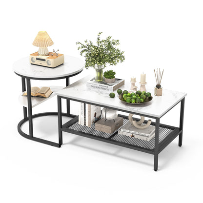 Salontafel – Woonkamertafel – Bijzettafel – Koffietafel – Tafelset – Kunstmarmeren Blad – Metalen Frame – 2-in-1 Rond en Rechthoekig – Opbergruimte