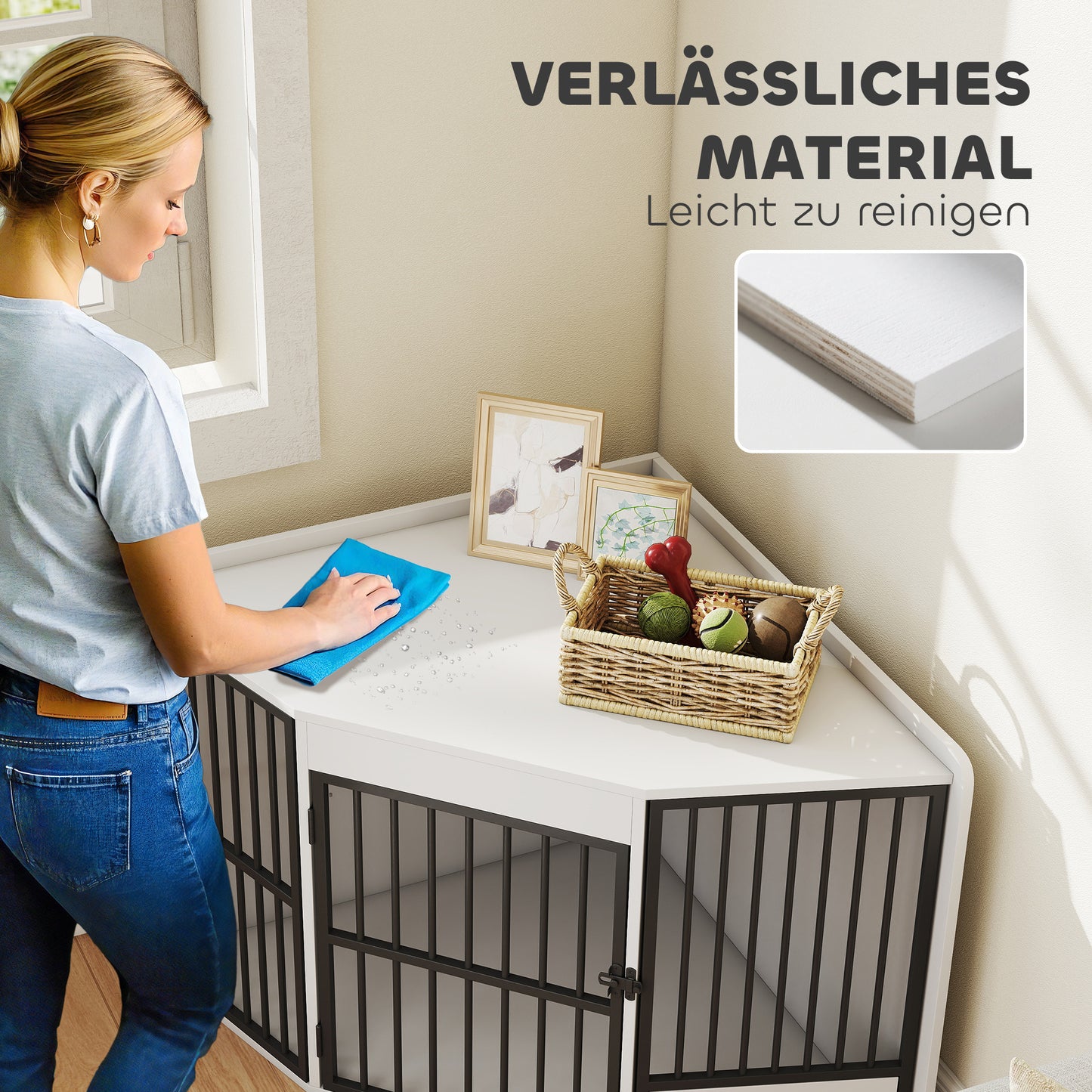 Hondenbench – Hondenhok – Hondenkooi – Transportbench – Reisbench – Hoekontwerp – Met Voerluik – Metaal & MDF – Wit – Voor Kleine en Middelgrote Honden