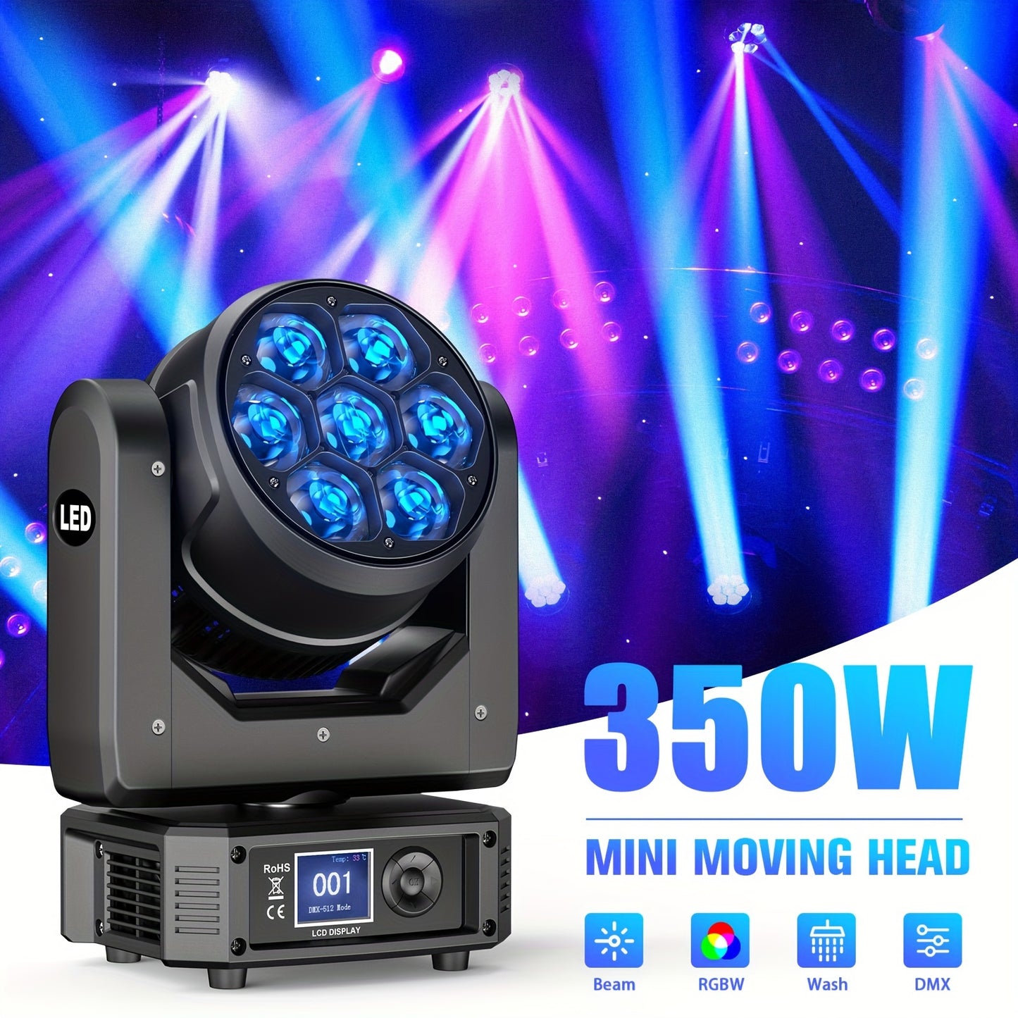Moving Head – LED Movinghead – Podiumverlichting – Disco Licht – Feestverlichting – 7x50W RGBW Bee Eye Beam+Wash – DMX512 Besturing – Zoomfunctie