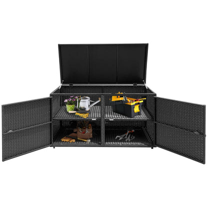 Rattan Opbergbox – Tuinkist – Opbergkist – Buitenbox – Tuinbank Met Deksel – 333L Inhoud – Weerbestendig PE Rattan – Dubbele Deuren & Binnenplanken – Mat Zwart – 115x60x65 cm