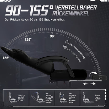 Gamingstoel – Gamestoel – Bureaustoel – Comfortstoel – Zwarte Gamingstoel – Ergonomische Lendensteun – Ingebouwde Voetensteun – 360° Draaibaar – Draaggewicht 150 kg