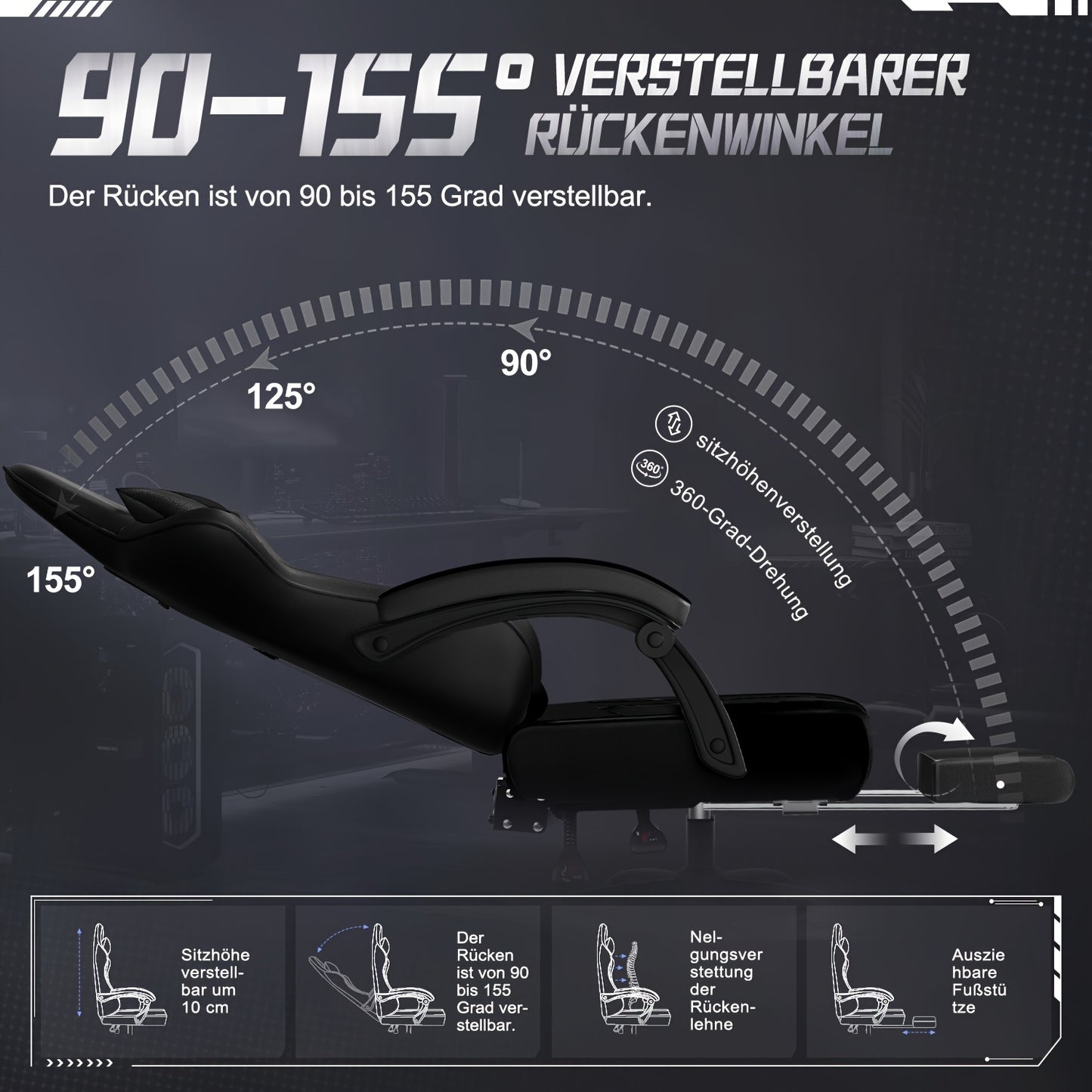 Gaming Chair with Footrest, Ergonomic Gaming Chair, Gaming Armchair with Adjustable Lumbar Cushion Equipped with An Adjustable Lumbar Support And Headrest, 360° Swivel And Designed for A Weight Of Up to 150kg.