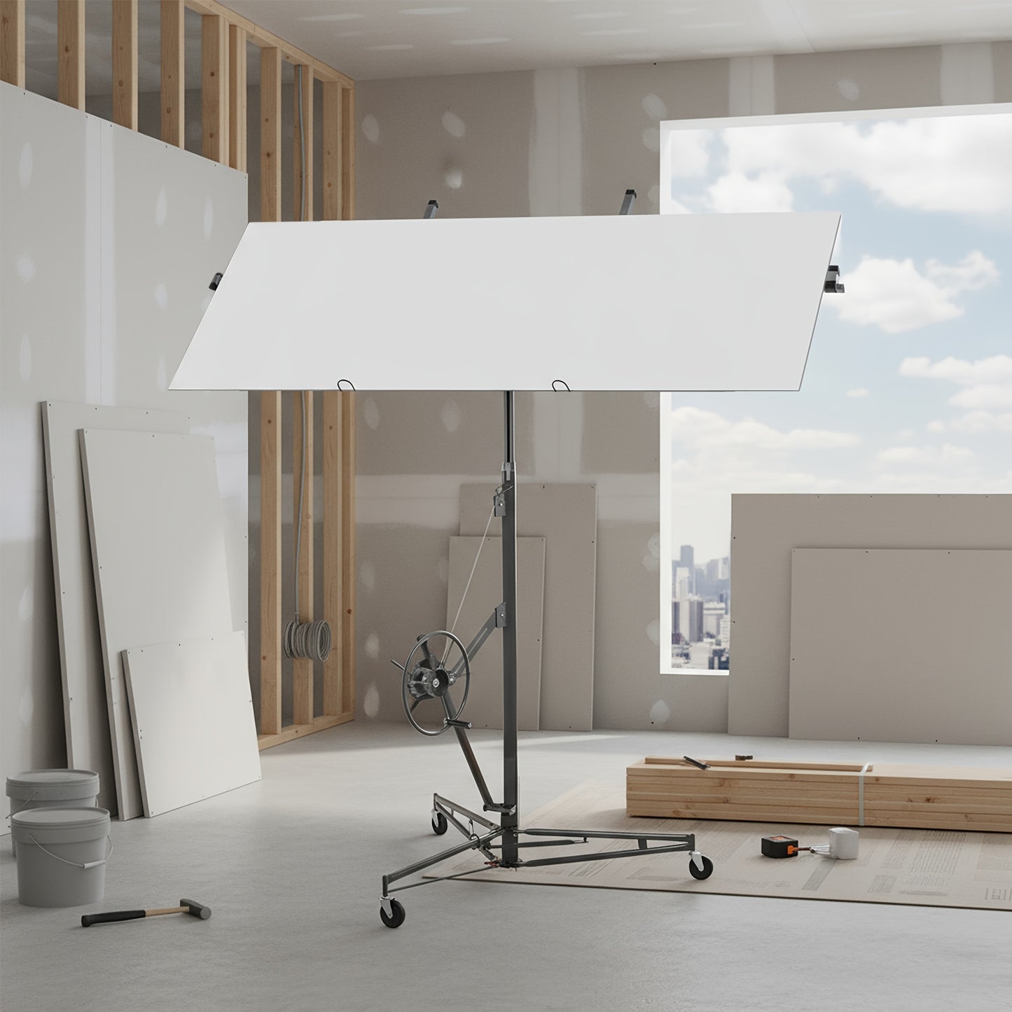 Foldable Heavy-Duty Plasterboard Lift Suitable for Plasterboards - Adjustable Height (180-470cm), Portable 3-Wheel Lift with Parking Brake & 60° Tilt, Metal Frame for Drywall Installation, Ceiling & Wall - Ideal for DIY & Pr
