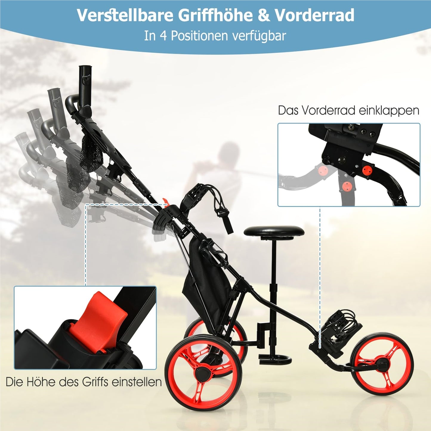 Golf Trolley – Golfkar – Golfkarretje – Golfwagen – Golf Caddy – Inklapbaar – Verstelbare Handgreep & Zitje – Stalen Frame – EVA Wielen – Rood