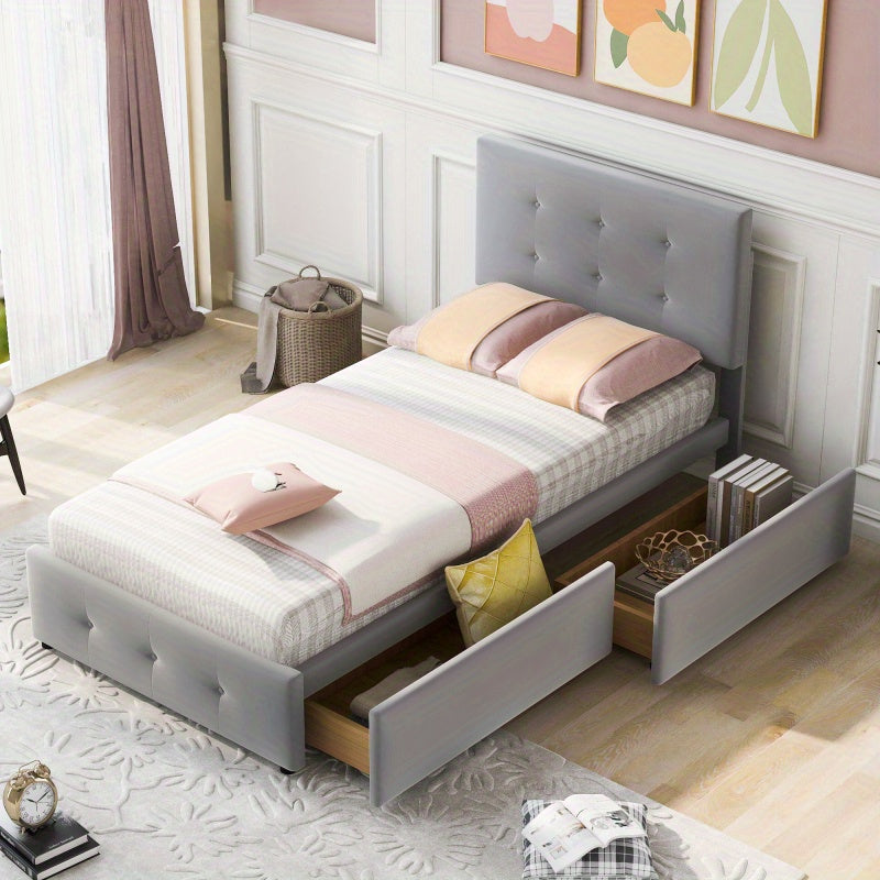 Eenpersoonsbed – Bed – Jongerenbed – Logeerbed – Slaapbed – Verstelbaar Hoofdbord – Zachte Velvet Stof – 90x200 cm – Met Opberglades – Grijs