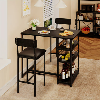 Eettafelset – Bar Tafelset – Keukentafel – Bistro Set – Stoelenset – Compact Ruimtebesparend Ontwerp – Met 3 Opbergruimtes – Matzwarte Metalen Frame