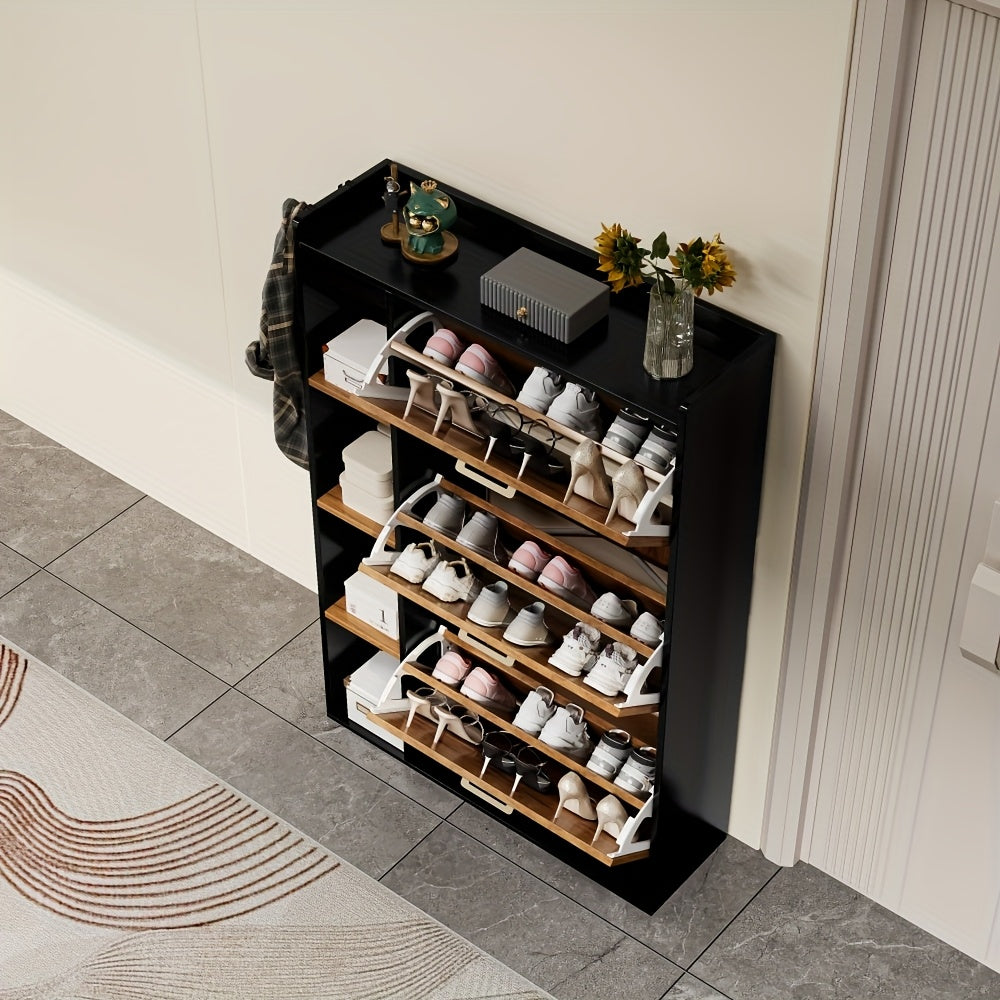 Schoenenkast – Schoenenopberger – Schoenenrek – Halmeubel – Schoenentoren – Smal Design – 3 Deuren – Hardhouten Constructie – Zwarte Afwerking – Bovenblad Display – Ruimtebesparend