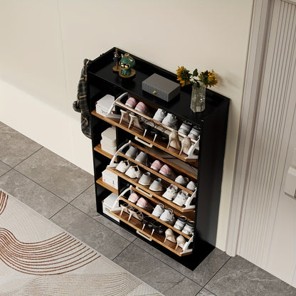 Schoenenkast – Schoenenopberger – Schoenenrek – Halmeubel – Schoenentoren – Smal Design – 3 Deuren – Hardhouten Constructie – Zwarte Afwerking – Bovenblad Display – Ruimtebesparend