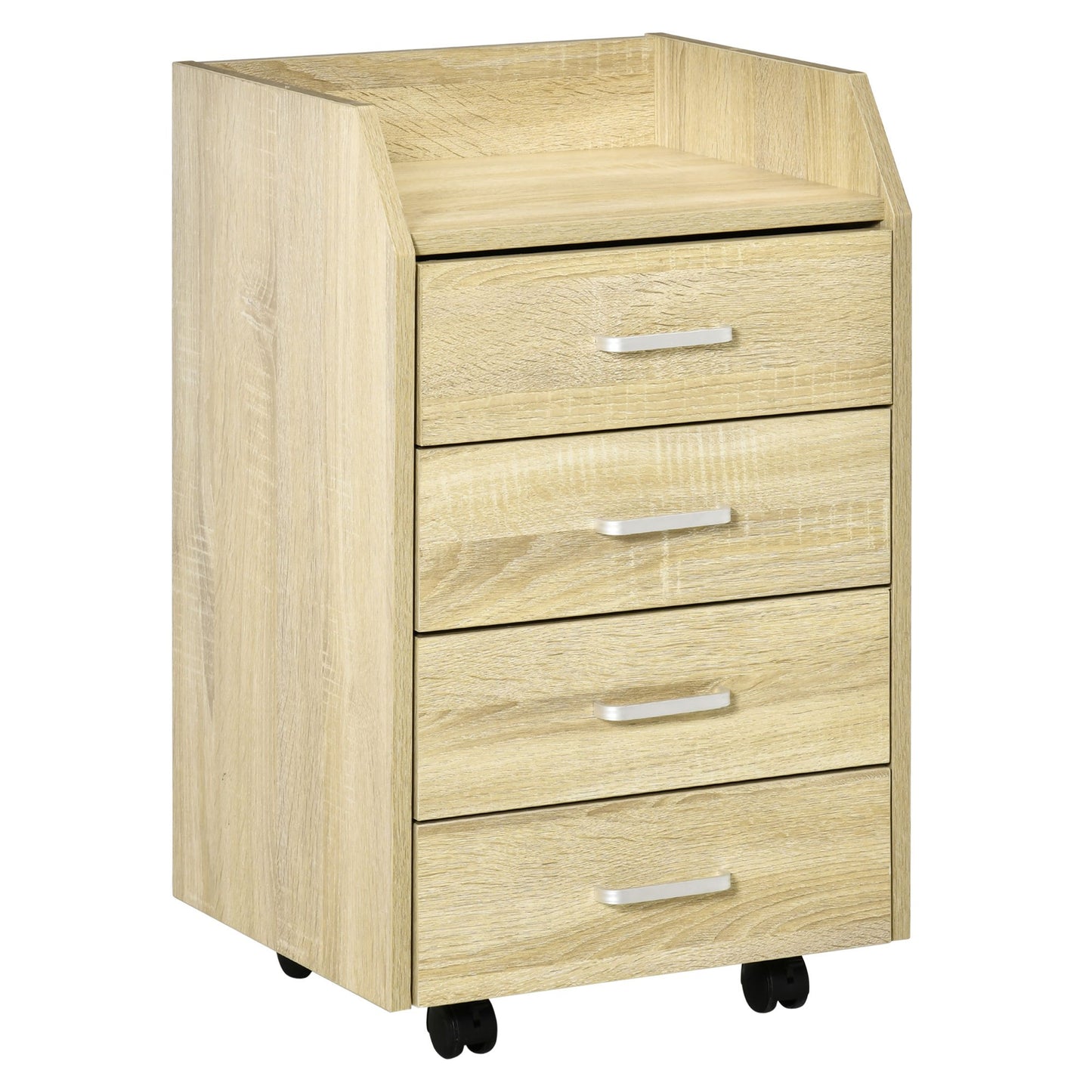 Ladeblok – Ladekast – Opbergkast – Rolcontainer – Bureaukast – 4 Lades – MDF en Spaanplaat – Mobiel met Wieltjes – 40x36x65 cm – Natuurlijke Houtkleur