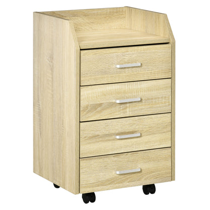 Ladeblok – Ladekast – Opbergkast – Rolcontainer – Bureaukast – 4 Lades – MDF en Spaanplaat – Mobiel met Wieltjes – 40x36x65 cm – Natuurlijke Houtkleur