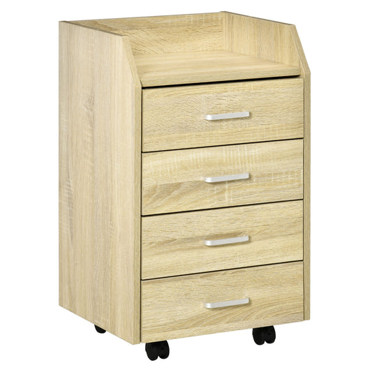 Ladeblok – Ladekast – Opbergkast – Rolcontainer – Bureaukast – 4 Lades – MDF en Spaanplaat – Mobiel met Wieltjes – 40x36x65 cm – Natuurlijke Houtkleur