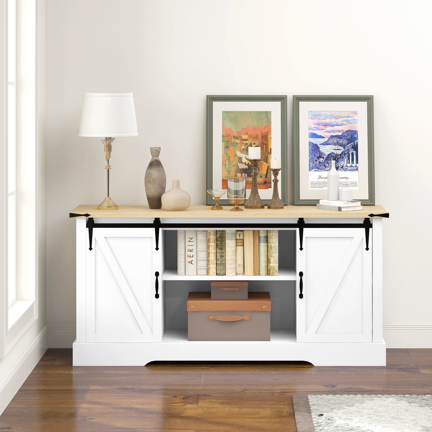 Dressoir – Buffet – Opbergkast – Tv-meubel – Woonkamerkast – Wit Eikenhout – 150x40x72 cm – Schuifdeuren Met Verstelbare Legplanken