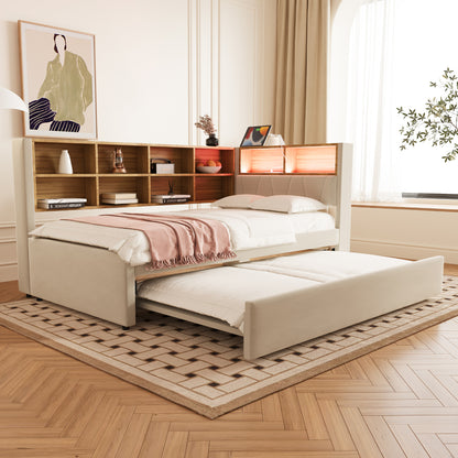 Sofa Bed 90x200, Pull-out Bed 90x190, Equipped with Multiple Storage Compartments, Upholstered Bed, Multi-functional Sofa Bed, Single Bed, Flannel, Beige.