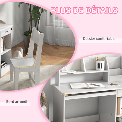 ZONEKIZ Office Set with Desk And Chair for Children Aged 5-8 with Many Storage Compartments, Sliding Tablet, And Drawer Ideal for Writing, Reading, And Drawing, White