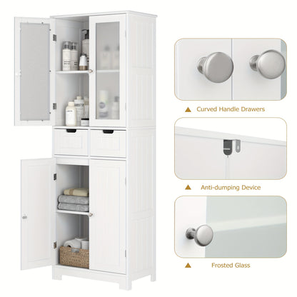 Kealive Modern Tall White Storage Cabinet with 4 Doors & 2 Drawers (Removable) - -Standing MDF/Fiberboard Bookcase Suitable, Bathroom, Living Room - Easy Assembly, Space-Saving Vertical Design