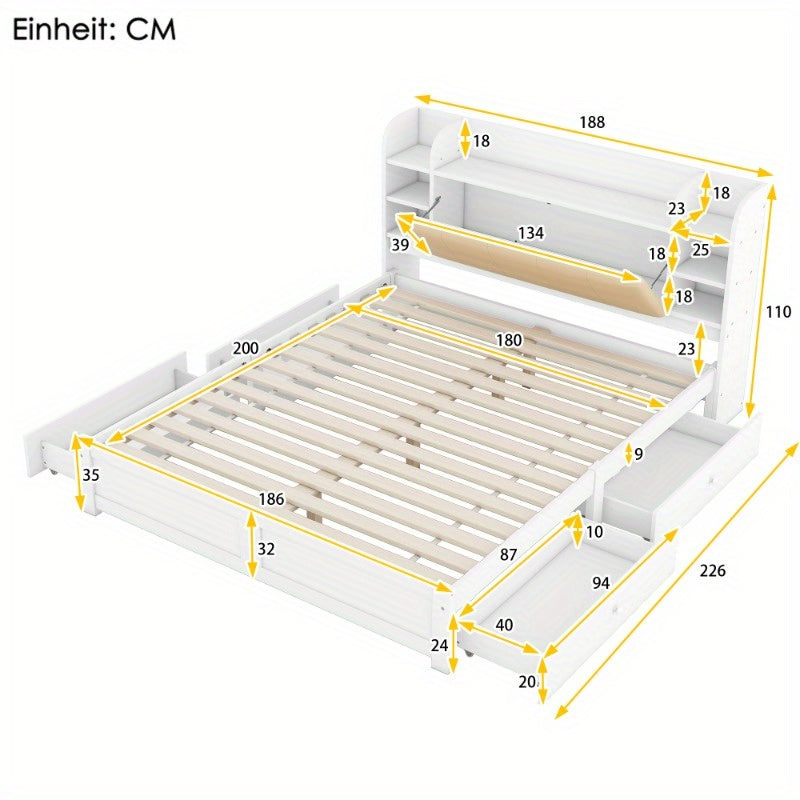 Hoofdbord Bed – Bedpaneel – Bedframe – Opbergbed – Bedombouw – 180x200cm – Vier Laden – Meerdere Opbergvakken – Wit – Opvouwbaar