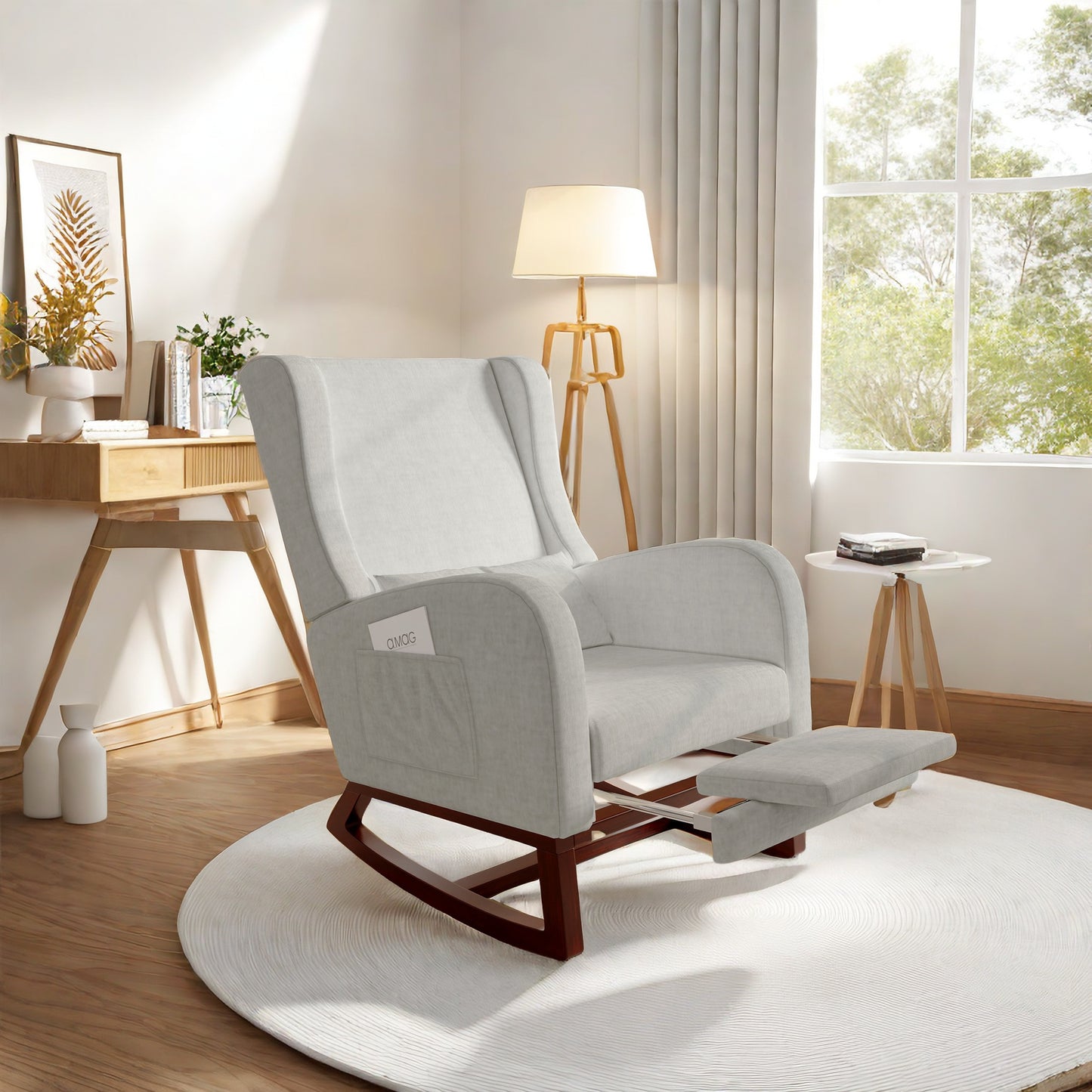 Schommelstoel – Relaxstoel – Lounge Stoel – Leunstoel – Voetenbank – Hoogte Rugleuning – Massief Houten Onderstel – Zijzakken – Verlengbare Voetensteun – Grijs