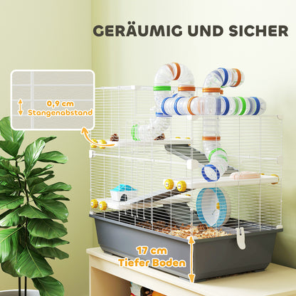 Dwerg Hamsterkooi – Hamsterkooi – Hamsterverblijf – Kleine Dierenkooi – Mini Dierenverblijf – 4 Verdiepingen Met Tunnel Systeem – Inclusief Accessoires En Bovenklep – Grijs 78x45x73 cm