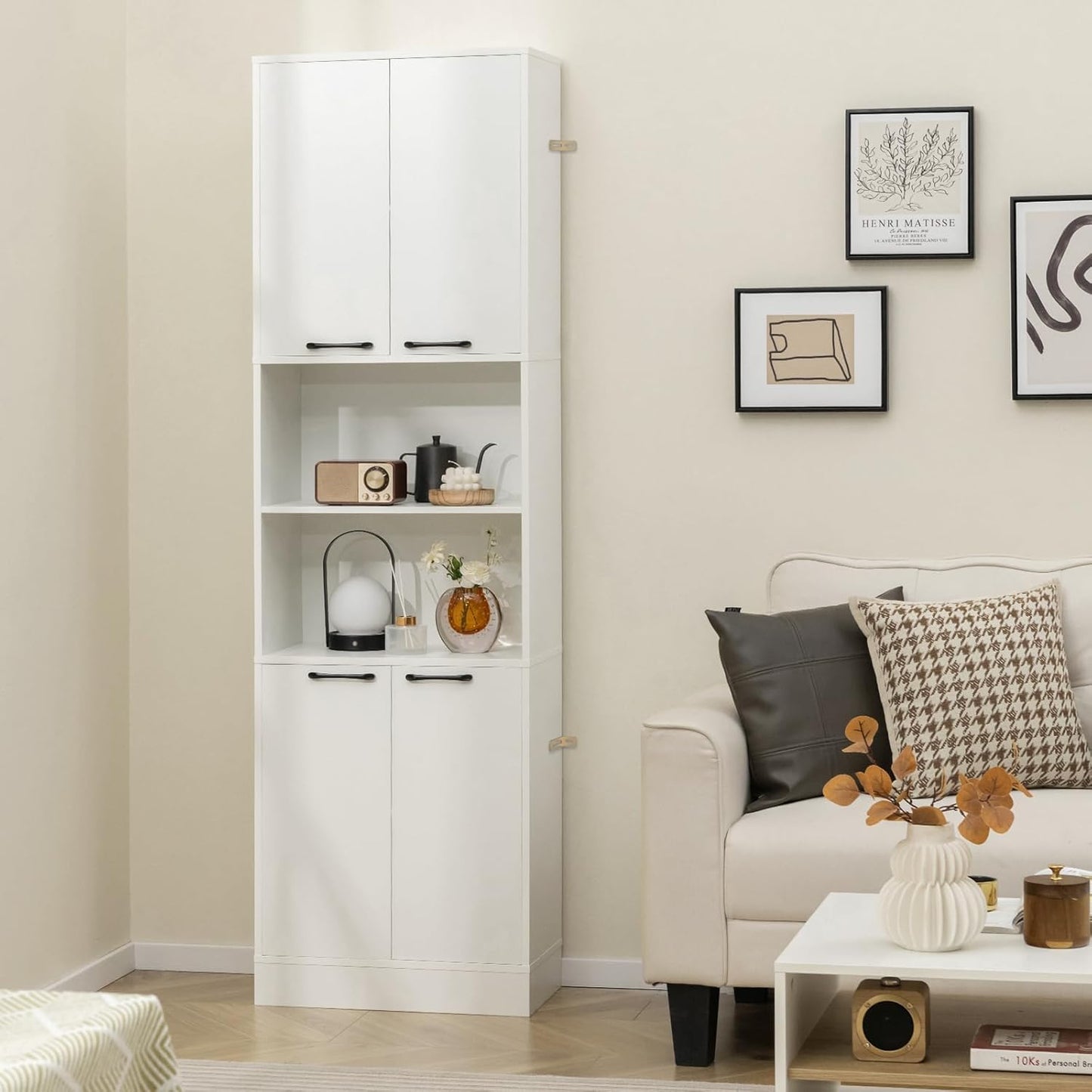 Opbergkast – Hoge Kast – Keukenkast – Dichte Deuren Kast – Open Planken Kast – 190 cm Hoog – Anti-Kantelbeveiliging & Stevig MDF Materiaal – Wit Naturel