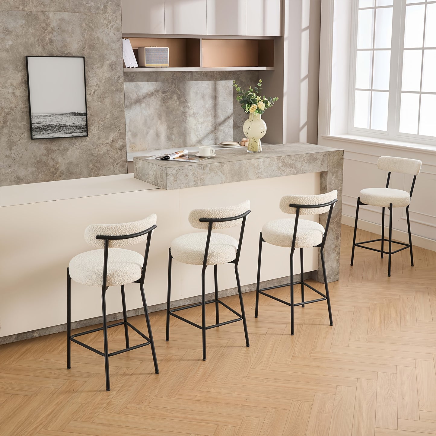 Set of 2 - Heavy-Duty Commercial/Residential Bar Stools with Backrest & Footrest, Modern Counter Height Chairs - No Assembly Needed, Sturdy Metal Legs & Boucle Upholstery - for Kitchen Island, Dining Room, Home Bar - Easy-Cle