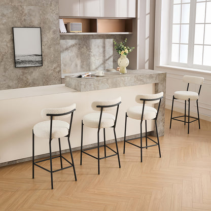 Set of 2 - Heavy-Duty Commercial/Residential Bar Stools with Backrest & Footrest, Modern Counter Height Chairs - No Assembly Needed, Sturdy Metal Legs & Boucle Upholstery - for Kitchen Island, Dining Room, Home Bar - Easy-Cle